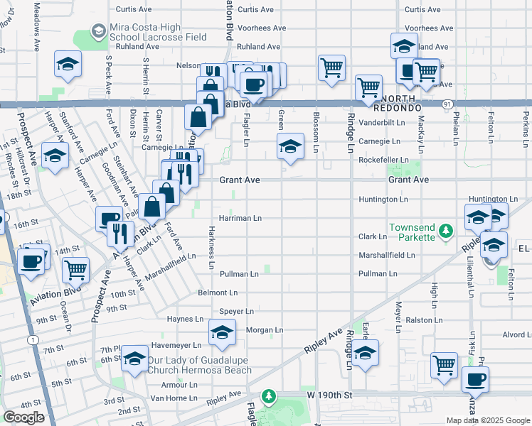 map of restaurants, bars, coffee shops, grocery stores, and more near 1913 Harriman Lane in Redondo Beach