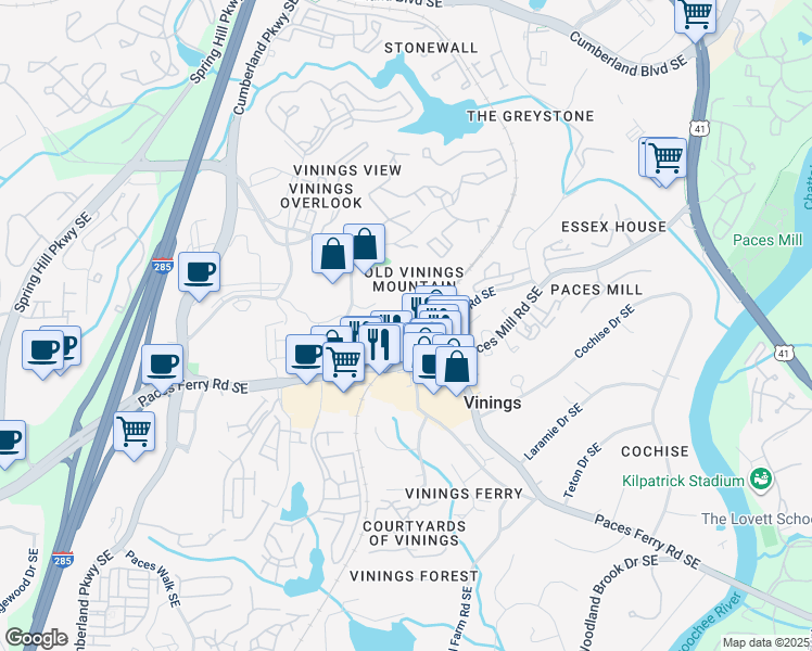 map of restaurants, bars, coffee shops, grocery stores, and more near 3514 Preserve Drive Southeast in Atlanta