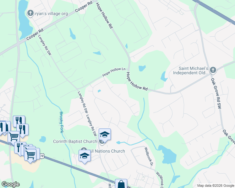 map of restaurants, bars, coffee shops, grocery stores, and more near 3112 Hollowstone Drive Southwest in Loganville