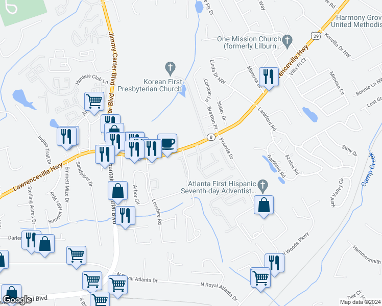 map of restaurants, bars, coffee shops, grocery stores, and more near 6177 Bellewood Ash Northwest Lane in Tucker