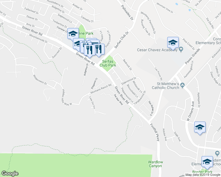 map of restaurants, bars, coffee shops, grocery stores, and more near 2400 Del Mar Way in Corona