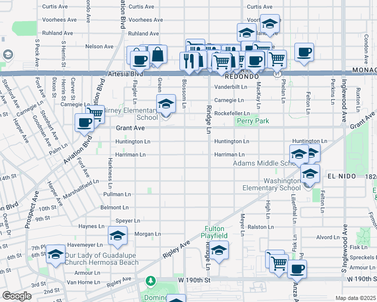 map of restaurants, bars, coffee shops, grocery stores, and more near 2103 Harriman Lane in Redondo Beach