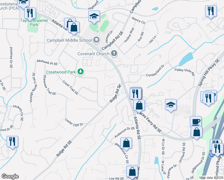 map of restaurants, bars, coffee shops, grocery stores, and more near 3511 Ivy Manor Road Southeast in Smyrna