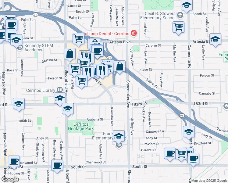 map of restaurants, bars, coffee shops, grocery stores, and more near in Cerritos