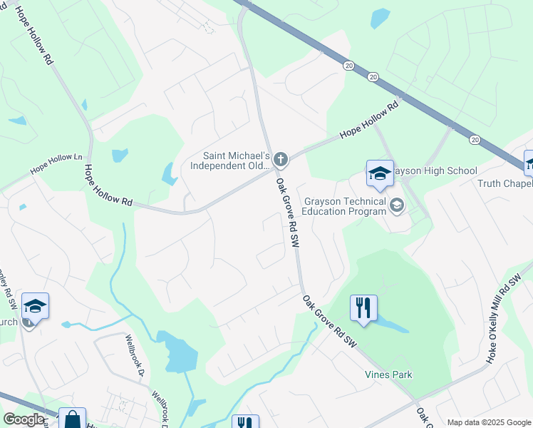 map of restaurants, bars, coffee shops, grocery stores, and more near 3010 Battlement Circle Southwest in Loganville