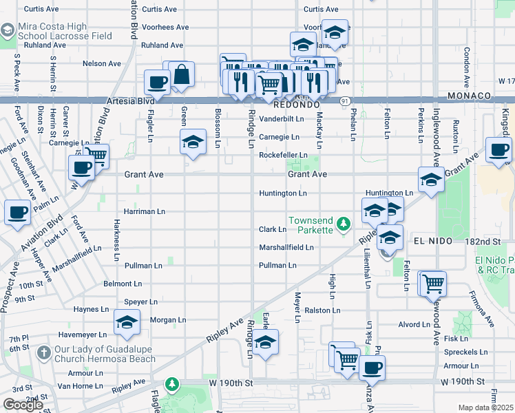 map of restaurants, bars, coffee shops, grocery stores, and more near 2203 Harriman Lane in Redondo Beach