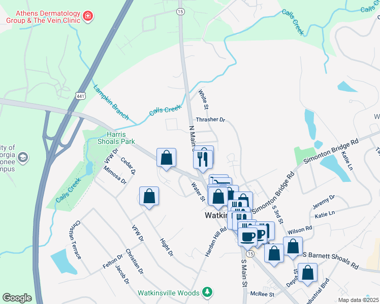 map of restaurants, bars, coffee shops, grocery stores, and more near 73 North Main Street in Watkinsville
