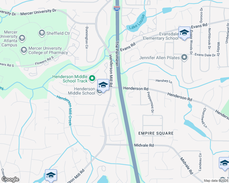 map of restaurants, bars, coffee shops, grocery stores, and more near 2815 Henderson Mill Road in Chamblee