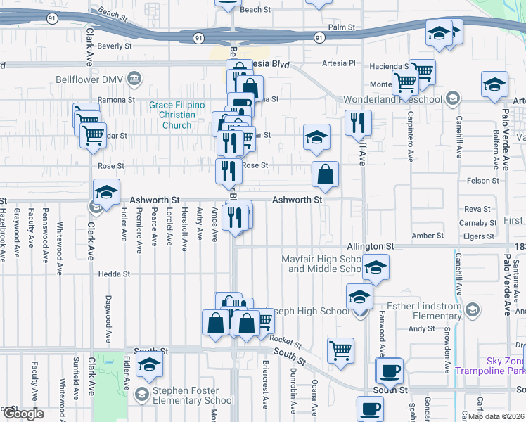map of restaurants, bars, coffee shops, grocery stores, and more near 6163 Briercrest Avenue in Lakewood