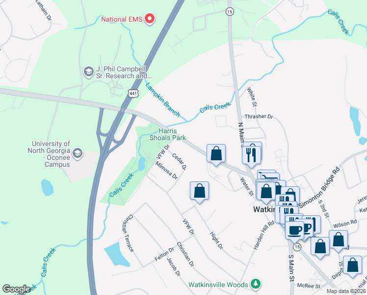 map of restaurants, bars, coffee shops, grocery stores, and more near 98 Cedar Drive in Watkinsville