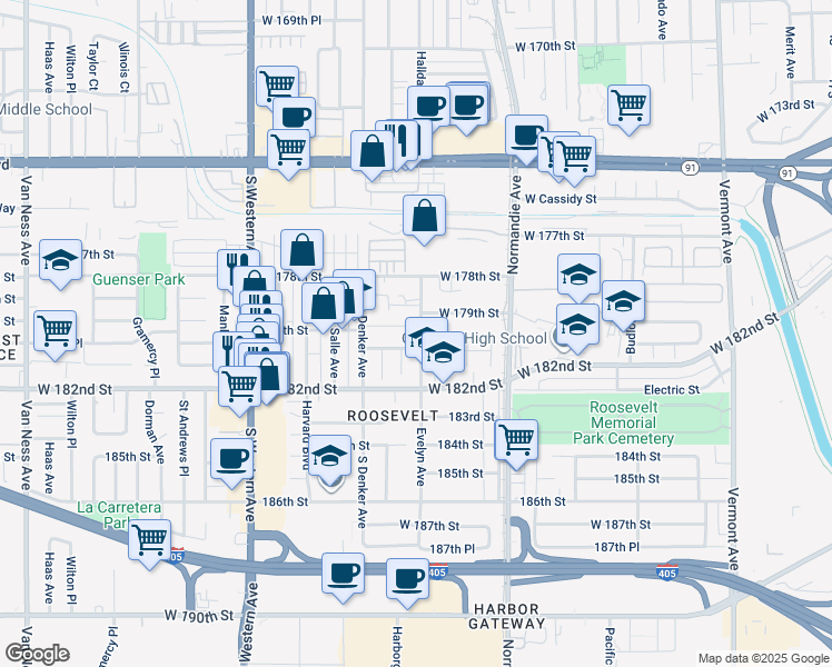 map of restaurants, bars, coffee shops, grocery stores, and more near 1517 180th Street in Gardena
