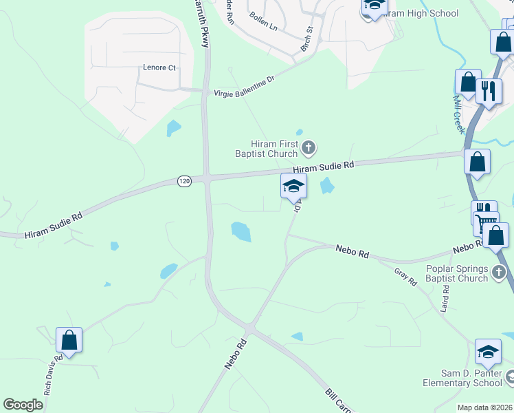 map of restaurants, bars, coffee shops, grocery stores, and more near 13 Stonybrook Drive in Hiram