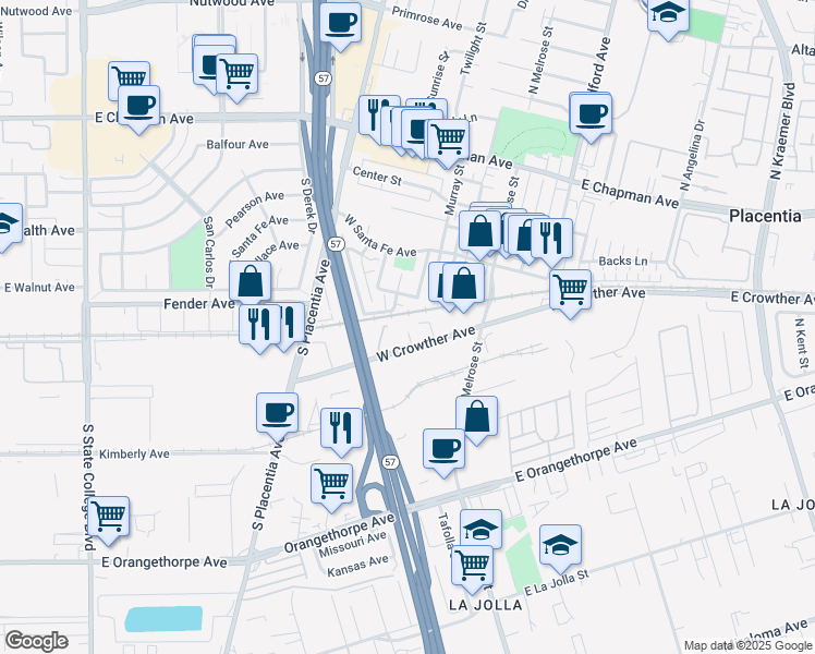 map of restaurants, bars, coffee shops, grocery stores, and more near 501 West Crowther Avenue in Placentia