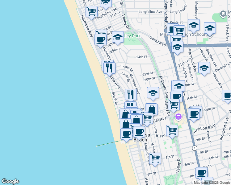 map of restaurants, bars, coffee shops, grocery stores, and more near 28 20th Court in Hermosa Beach