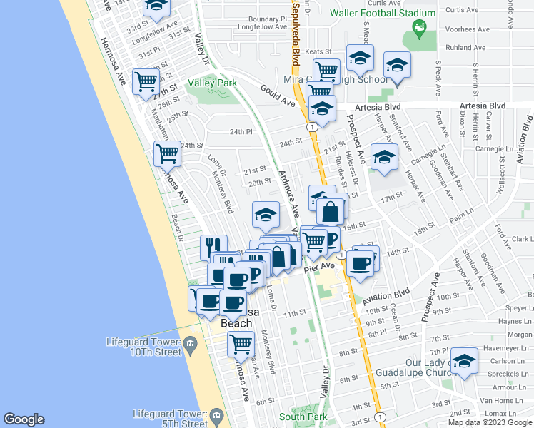 map of restaurants, bars, coffee shops, grocery stores, and more near 1770 Valley Park Avenue in Hermosa Beach