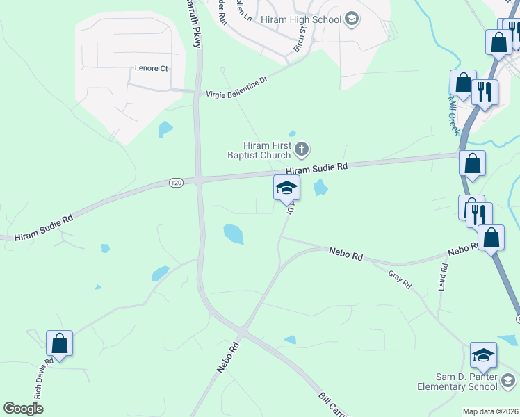 map of restaurants, bars, coffee shops, grocery stores, and more near 207 Willow Bend Drive in Hiram