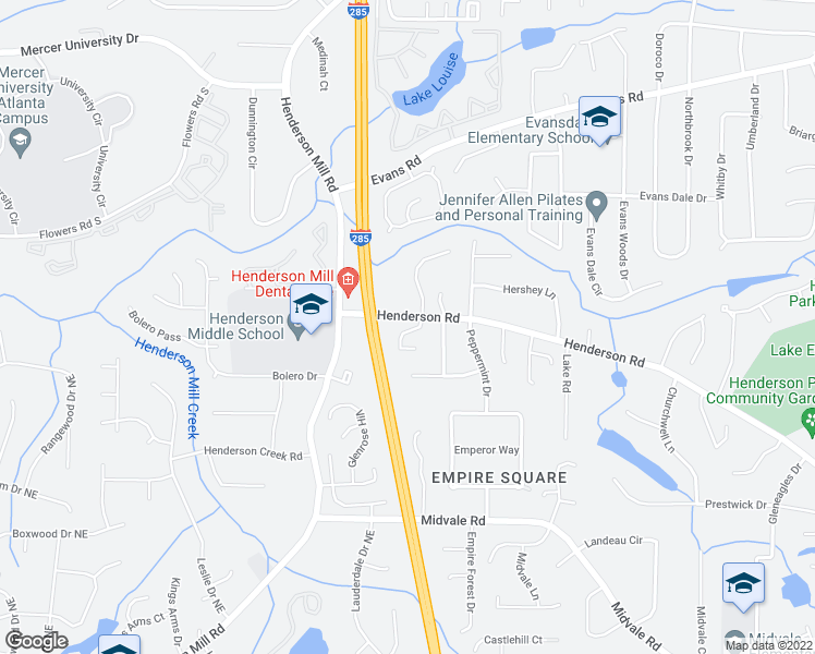 map of restaurants, bars, coffee shops, grocery stores, and more near 2730 Henderson Chase Court in Tucker