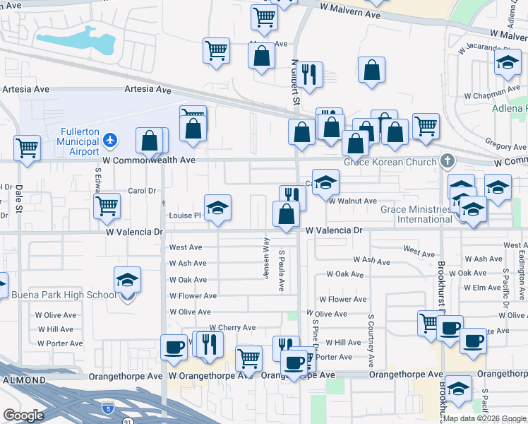 map of restaurants, bars, coffee shops, grocery stores, and more near 236 Jensen Way in Fullerton