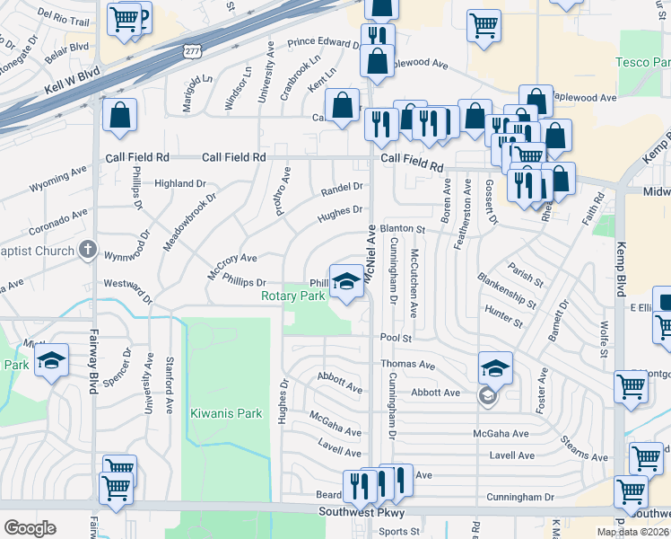 map of restaurants, bars, coffee shops, grocery stores, and more near 4110 Phillips Drive in Wichita Falls
