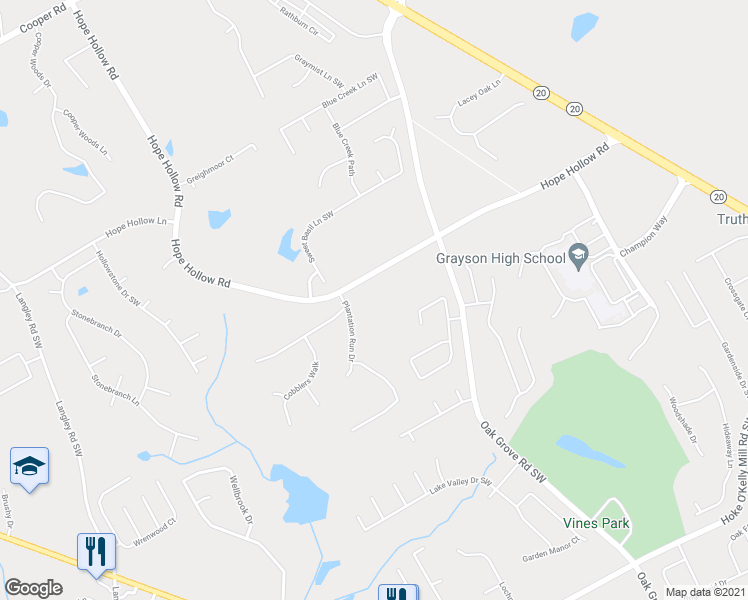 map of restaurants, bars, coffee shops, grocery stores, and more near 300 Hope Hollow Road in Loganville