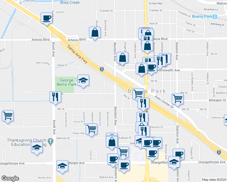 map of restaurants, bars, coffee shops, grocery stores, and more near 7432 8th Street in Buena Park