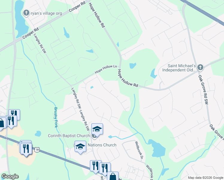 map of restaurants, bars, coffee shops, grocery stores, and more near Hollowcrest Court Southwest in Loganville