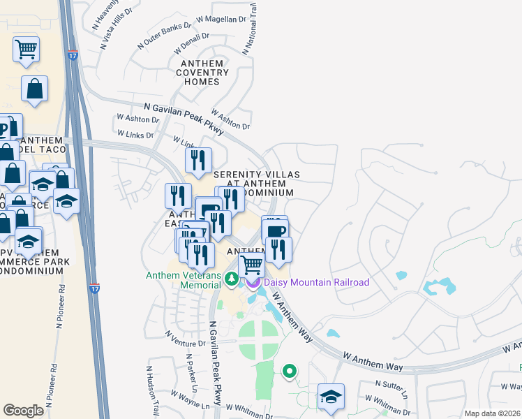 map of restaurants, bars, coffee shops, grocery stores, and more near 3618 West Anthem Way in New River