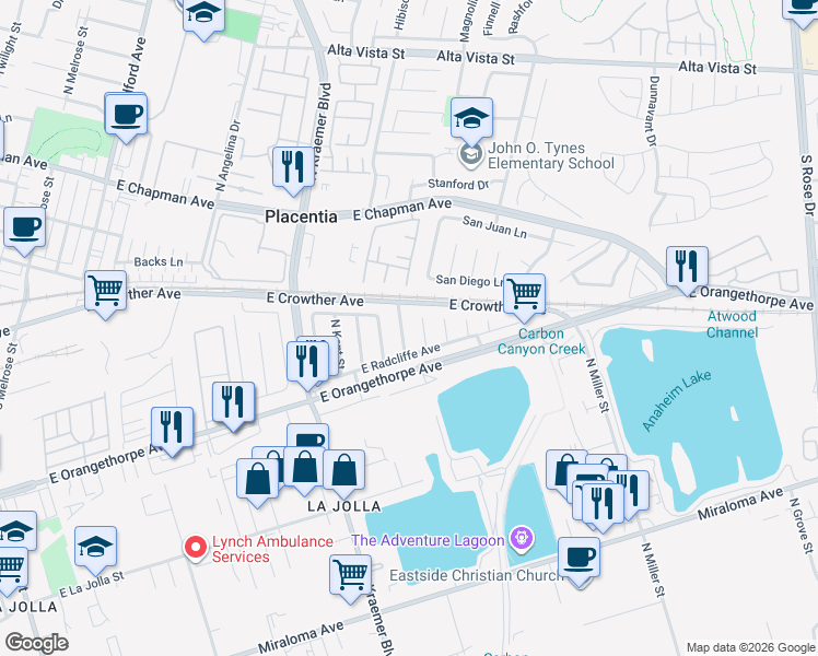 map of restaurants, bars, coffee shops, grocery stores, and more near 1725 North Bedford Circle in Anaheim