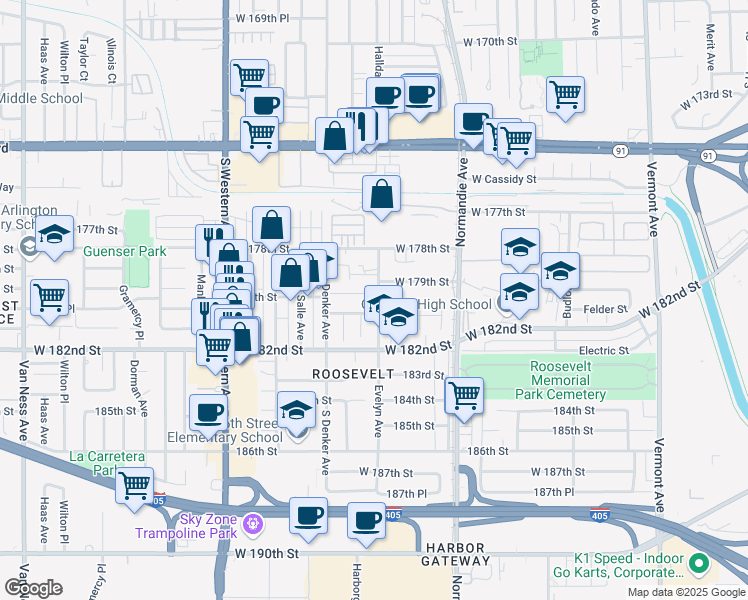 map of restaurants, bars, coffee shops, grocery stores, and more near 1517 180th Street in Gardena