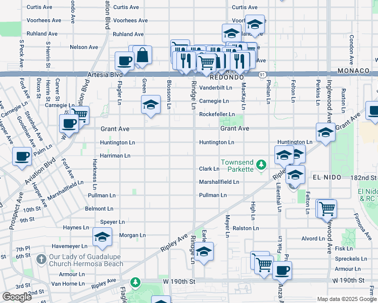 map of restaurants, bars, coffee shops, grocery stores, and more near 2200 Harriman Lane in Redondo Beach
