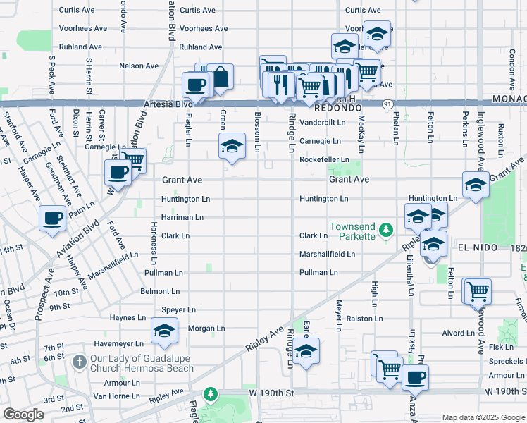 map of restaurants, bars, coffee shops, grocery stores, and more near 2108 Harriman Lane in Redondo Beach