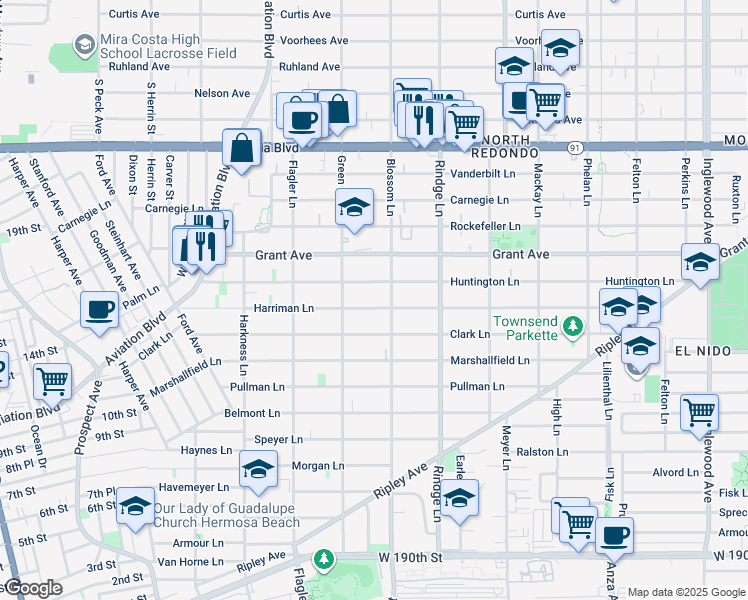 map of restaurants, bars, coffee shops, grocery stores, and more near in Redondo Beach