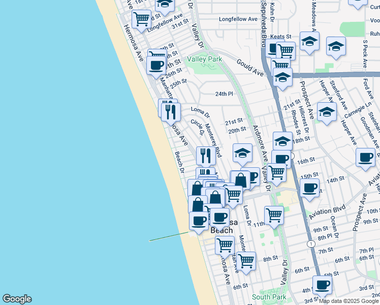 map of restaurants, bars, coffee shops, grocery stores, and more near in Hermosa Beach