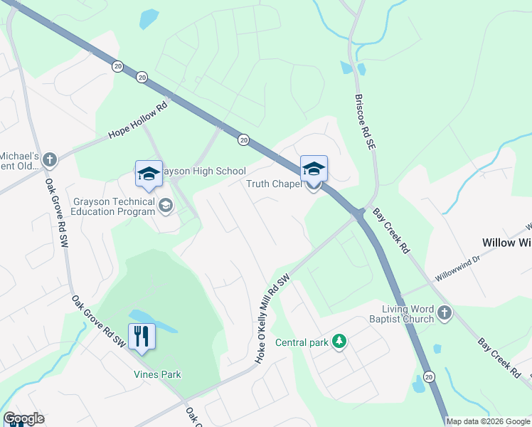 map of restaurants, bars, coffee shops, grocery stores, and more near 3360 Crossgate Court in Loganville