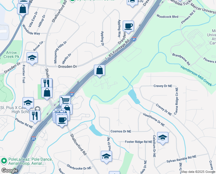 map of restaurants, bars, coffee shops, grocery stores, and more near 3095 Colonial Way in Chamblee