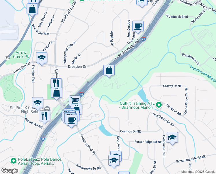 map of restaurants, bars, coffee shops, grocery stores, and more near 3091 Colonial Way in Atlanta