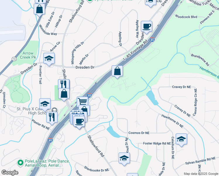 map of restaurants, bars, coffee shops, grocery stores, and more near 3081 Colonial Way in Chamblee