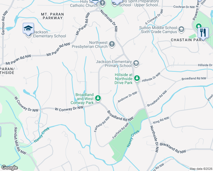 map of restaurants, bars, coffee shops, grocery stores, and more near 720 West Conway Drive Northwest in Atlanta