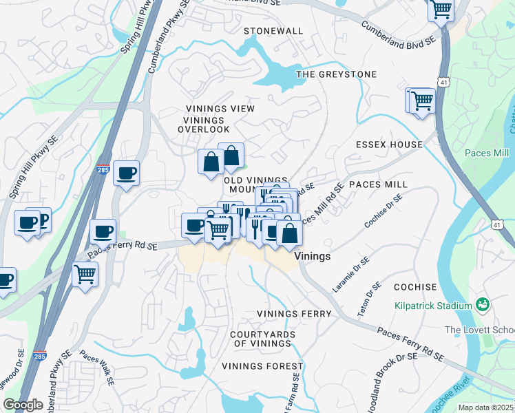 map of restaurants, bars, coffee shops, grocery stores, and more near 3514 Preserve Drive Southeast in Atlanta