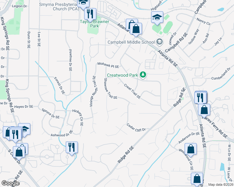map of restaurants, bars, coffee shops, grocery stores, and more near 3463 Shawnee Trail Southeast in Smyrna