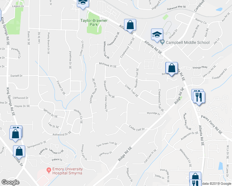 map of restaurants, bars, coffee shops, grocery stores, and more near 3463 Shawnee Trail Southeast in Smyrna