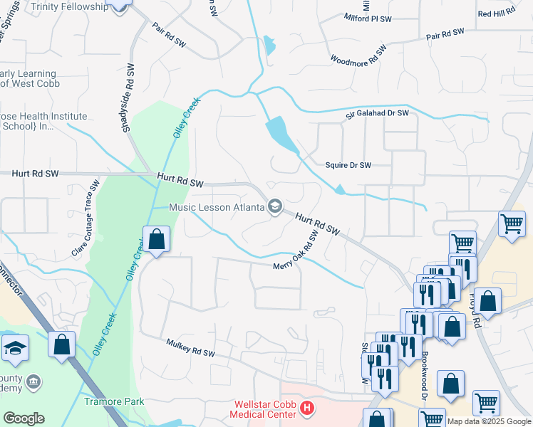 map of restaurants, bars, coffee shops, grocery stores, and more near 3607 Main Station Drive Southwest in Marietta