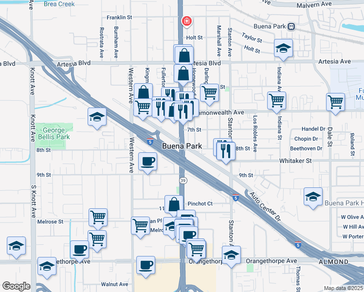 map of restaurants, bars, coffee shops, grocery stores, and more near 7522 9th Street in Buena Park
