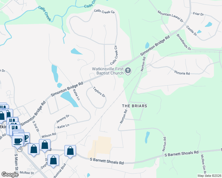 map of restaurants, bars, coffee shops, grocery stores, and more near 1091 Taylors Drive in Watkinsville