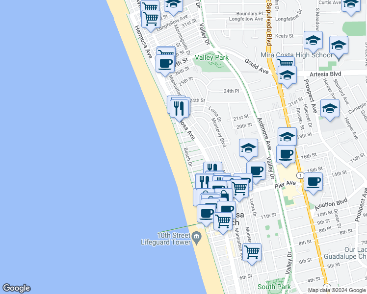 map of restaurants, bars, coffee shops, grocery stores, and more near 1928 The Strand in Hermosa Beach