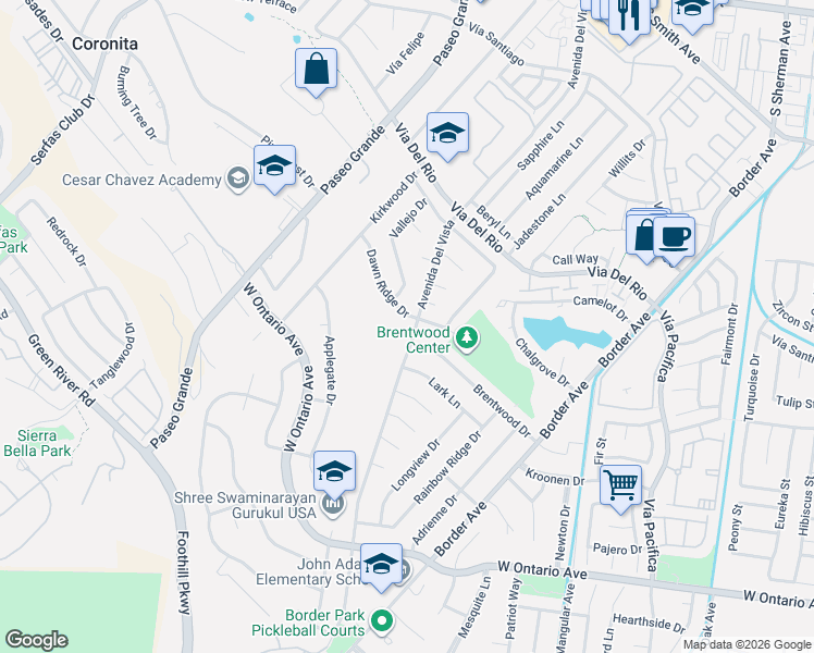 map of restaurants, bars, coffee shops, grocery stores, and more near 1584 Avenida Del Vista in Corona