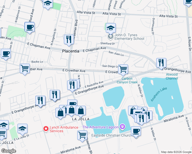 map of restaurants, bars, coffee shops, grocery stores, and more near 1725 North Bedford Circle in Anaheim