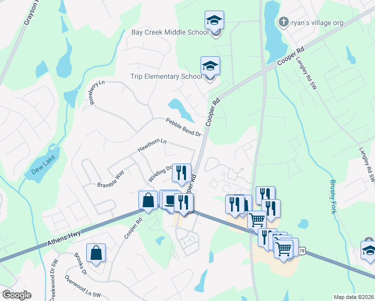 map of restaurants, bars, coffee shops, grocery stores, and more near 1073 Hawthorn Lane in Grayson