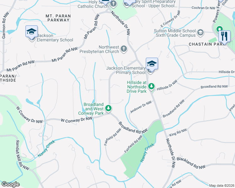 map of restaurants, bars, coffee shops, grocery stores, and more near 720 West Conway Drive Northwest in Atlanta