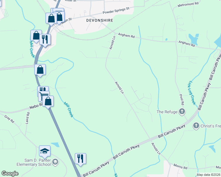 map of restaurants, bars, coffee shops, grocery stores, and more near 85 Paris Circle in Hiram